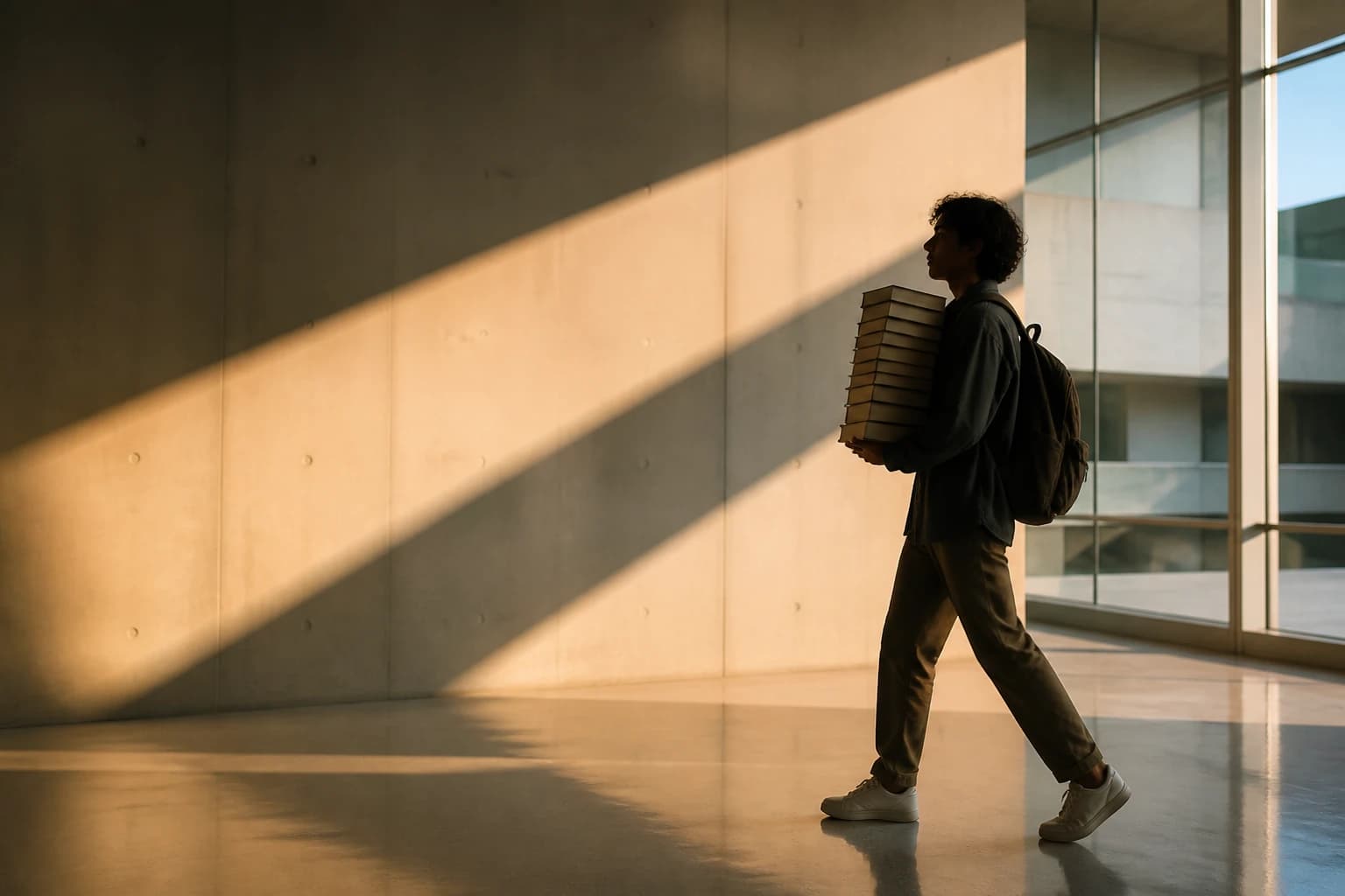 A student carrying books through a sunlit university corridor
