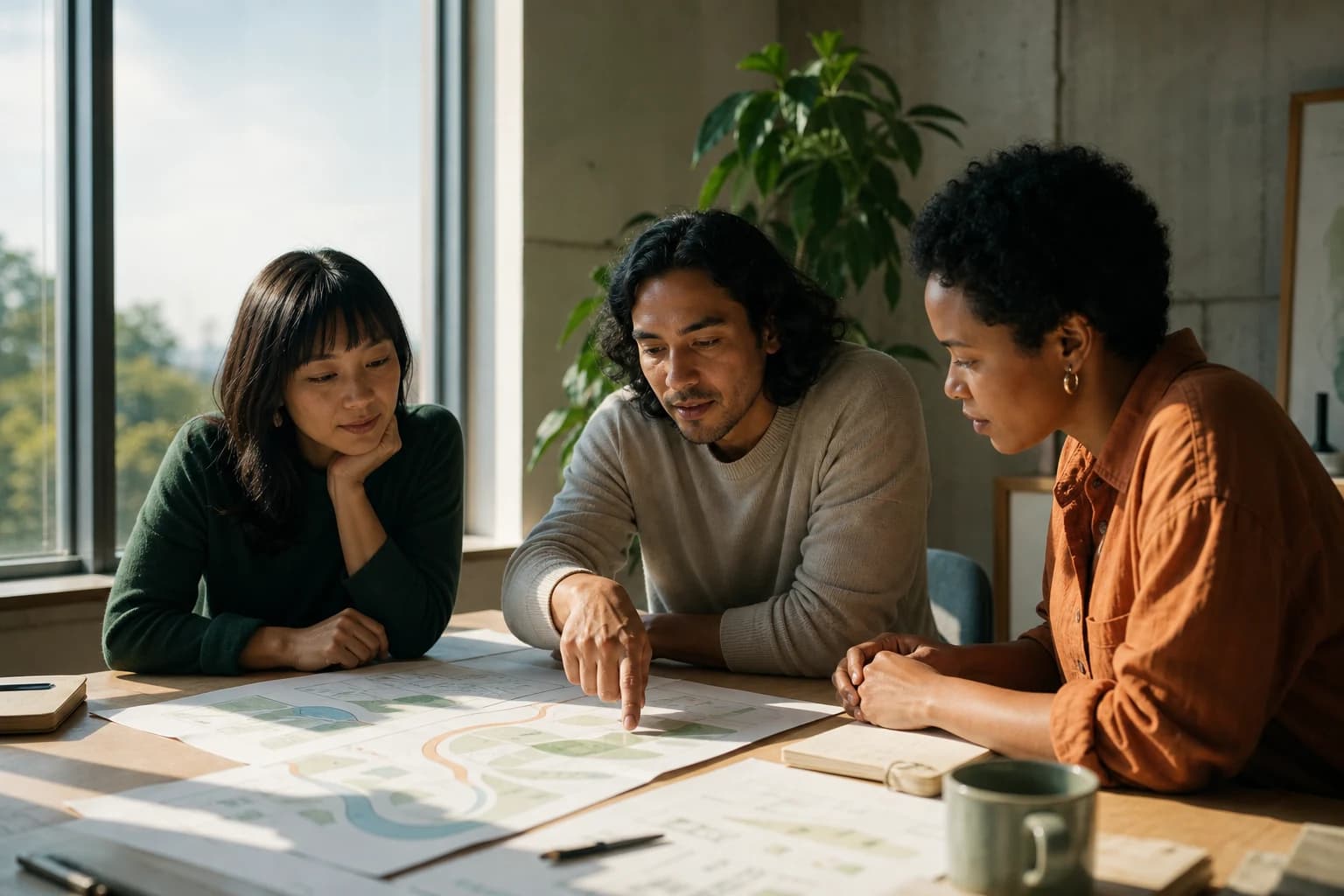A team reviewing a travel pathway plan in a sunlit office